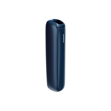 Profil sisi Ploom AURA Navy Blue menekankan bentuk ramping, garis bersih, dan permukaan logam elegan.
