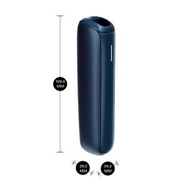 Ploom AURA Navy Blue dengan dimensi 10.94 cm tinggi, 2.92 cm lebar, dan 2.42 cm dalam, sebagai rujukan saiz padat dan moden.
