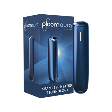 Ploom AURA Navy Blue dipersembahkan bersama paket, menonjolkan warna biru gelap dan reka bentuk pembungkusan premium.