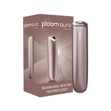 Ploom AURA Rose Gold dipersembahkan bersama paket, menonjolkan warna biru gelap dan reka bentuk pembungkusan premium.