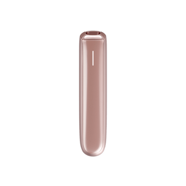 Pandangan hadapan Ploom AURA Rose Gold menunjukkan garis bersih, kemasan elegan, dan reka bentuk menegak padat.
