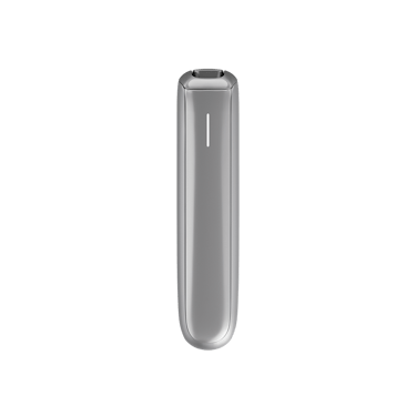 Front view of the Ploom AURA Lunar Silver device showing clean lines, compact size, and elegant metallic surface.
