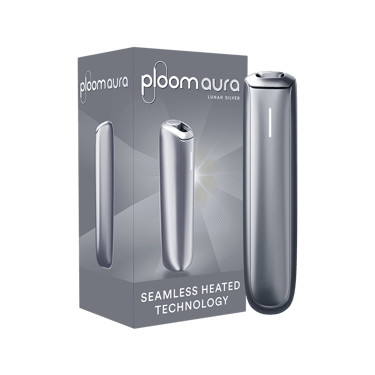 Ploom AURA Lunar Silver pack with device highlighting refined metallic color and premium heated tobacco presentation.