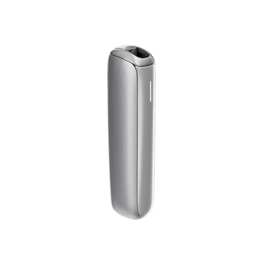 Side profile of the Ploom AURA Lunar Silver device emphasizing slim shape, ergonomic design, and polished metallic finish.