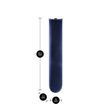 Navy Blue Augmented Pattern Ploom AURA front panel shown with dimensions 9.65 × 3.30 × 1.80 cm, emphasizing compact size and ergonomic design.