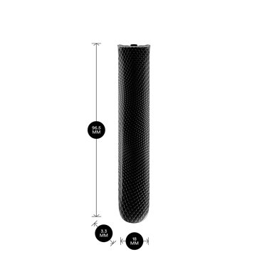 Ploom AURA Jet Black Augmented Pattern front panel shown with dimensions 9.65 × 3.30 × 1.80 cm, emphasizing compact size and elegant proportions.
