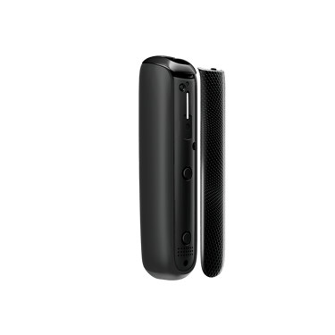 Jet Black Augmented Pattern Ploom AURA front panel shown from the side, separated from the device to highlight slim form and elegant curves
