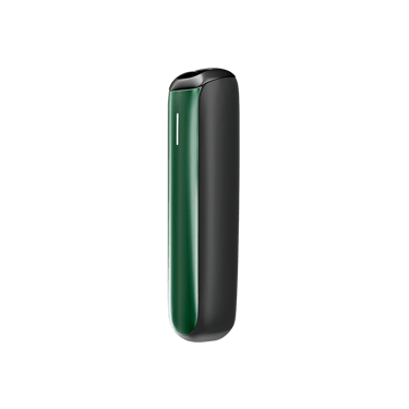 Side view of Ploom AURA front panel Amazon Green, showing slim profile, smooth edges, elegant curves, and premium design details.