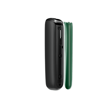 Amazon Green Ploom AURA front panel side view, detached from device, highlighting shape, thickness, and refined craftsmanship from every angle.
