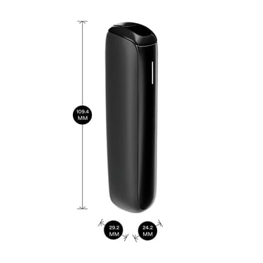 Ploom AURA Jet Black device with dimensions shown: 10.94 cm height, 2.92 cm width, and 2.42 cm depth.