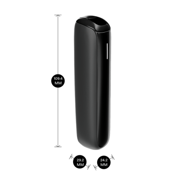 Ploom AURA Jet Black device with dimensions shown: 10.94 cm height, 2.92 cm width, and 2.42 cm depth.
