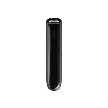 Front view of the Ploom AURA Jet Black device showcasing clean lines, compact size, and smooth modern finish.