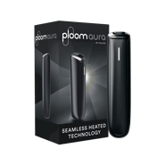 Ploom AURA Jet Black pack with device, highlighting sleek design and modern heated tobacco technology.