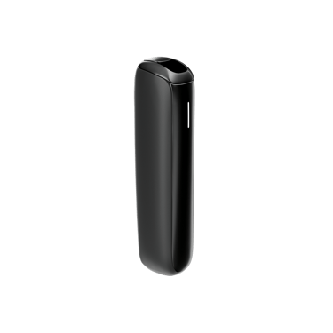 Side profile of the Ploom AURA Jet Black device highlighting its slim silhouette and ergonomic heated tobacco design.
