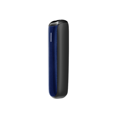 Side profile of the Navy Blue Augmented Pattern Ploom AURA front panel, emphasizing slim proportions, smooth edges, and elegant contours.