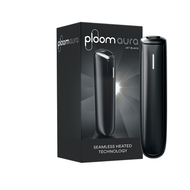 Ploom AURA Jet Black pack with device, highlighting sleek design and modern heated tobacco technology.
