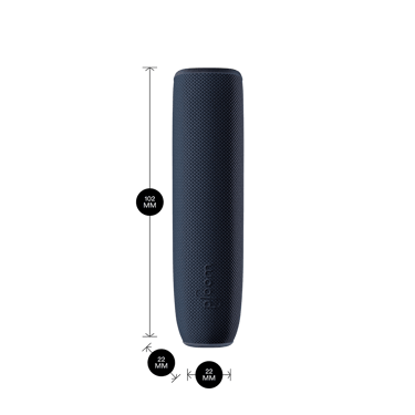 Ploom AURA device with Navy Blue Back Cover shown with dimensions 10.2cm × 2.2cm × 2.2cm, giving a precise and stylish everyday fit
