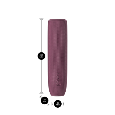 Ploom AURA device with Dark Orchid Back Cover shown with dimensions 10.2cm × 2.2cm × 2.2cm, combining bold color with precise fit.