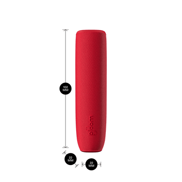 Ploom AURA device with Lava Red Back Cover and dimensions 10.2cm × 2.2cm × 2.2cm, combining bold style with a precise fit.