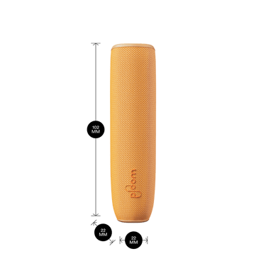 Ploom AURA device with Mango Sorbet Back Cover shown with dimensions 10.2cm height × 2.2cm width × 2.2cm depth, offering perfect fit for daily use
