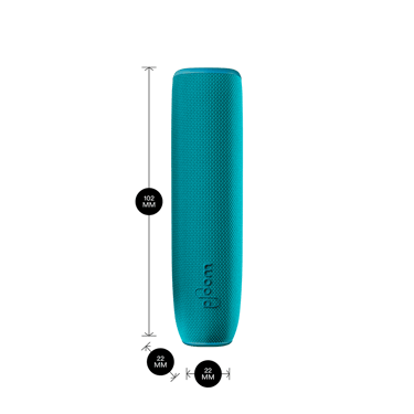 Ploom AURA dengan Ocean Blue Back Cover dan dimensi 10.2×2.2×2.2 cm, menunjukkan padanan kemas untuk kegunaan harian.