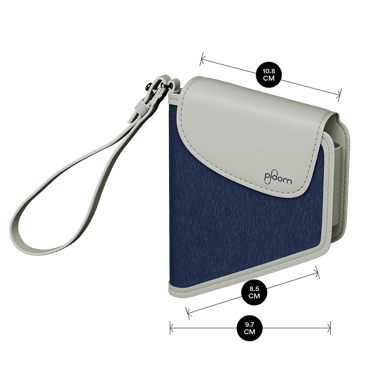 Ploom Denim Leather Fusion Duo Carry Case dengan dimensi 10.2 cm tinggi × 2.2 cm lebar × 2.2 cm dalam, direka kompak untuk gaya hidup aktif.