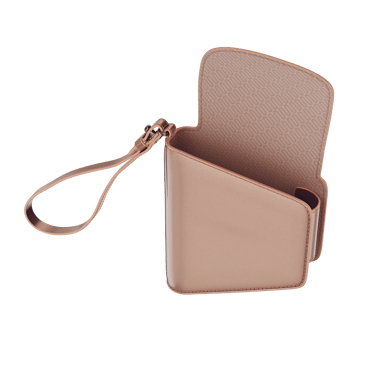 Lateral view of an open, empty Rose Gold Duo Carry Case, revealing a thoughtfully designed interior with simple, refined storage.