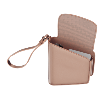 Lateral view of a Rose Gold Duo Carry Case with Ploom AURA device and sticks included, showing organised interior and elegant proportions.