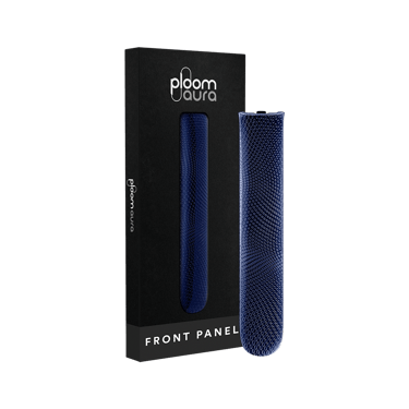 Ploom AURA Navy Blue Augmented Pattern front panel pack presented as a complete accessory set, reflecting a bold yet timeless colour choice.
