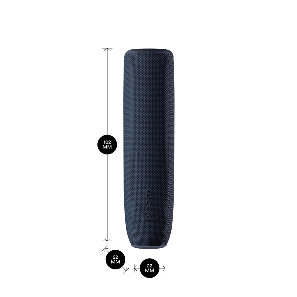 Ploom AURA device with Navy Blue Back Cover shown with dimensions 10.2cm × 2.2cm × 2.2cm, giving a precise and stylish everyday fit
