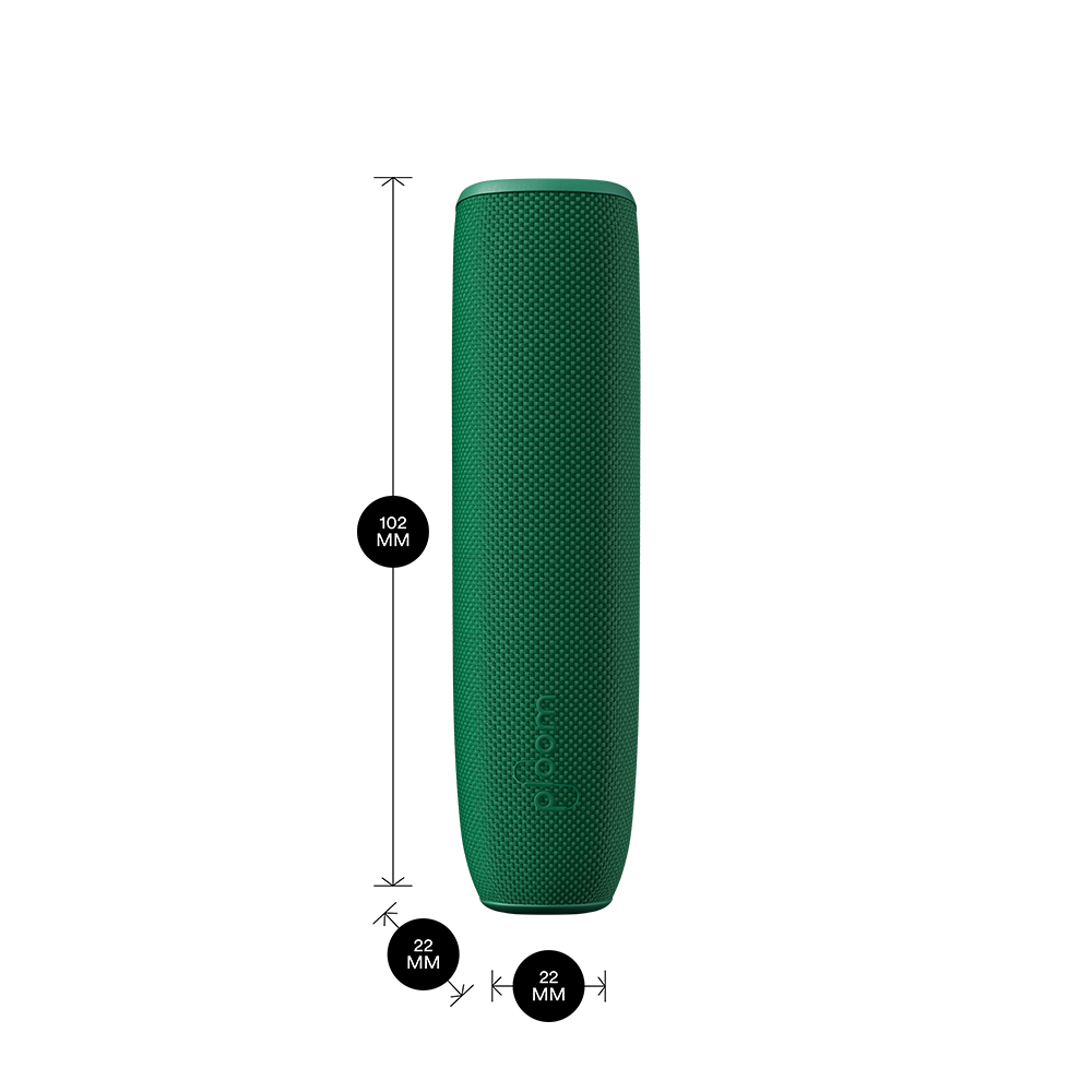 Ploom AURA device with Amazon Green Back Cover shown with dimensions 10.2cm × 2.2cm × 2.2cm, offering a compact and lifestyle-friendly fit.
