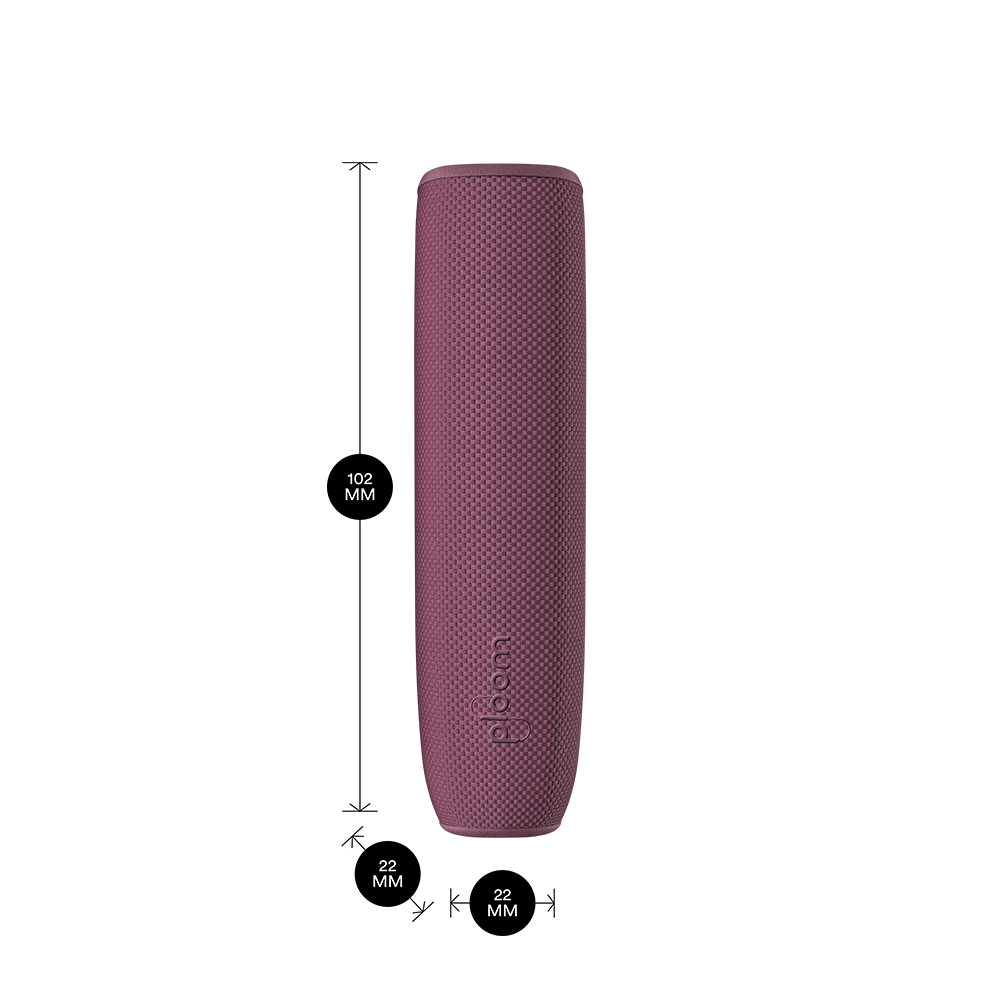 Ploom AURA device with Dark Orchid Back Cover shown with dimensions 10.2cm × 2.2cm × 2.2cm, combining bold color with precise fit.
