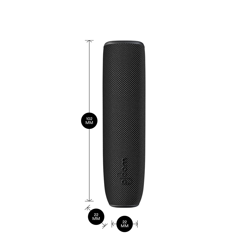Ploom AURA device with Jet Black Back Cover and dimensions 10.2cm × 2.2cm × 2.2cm, combining precise fit with sleek styling
