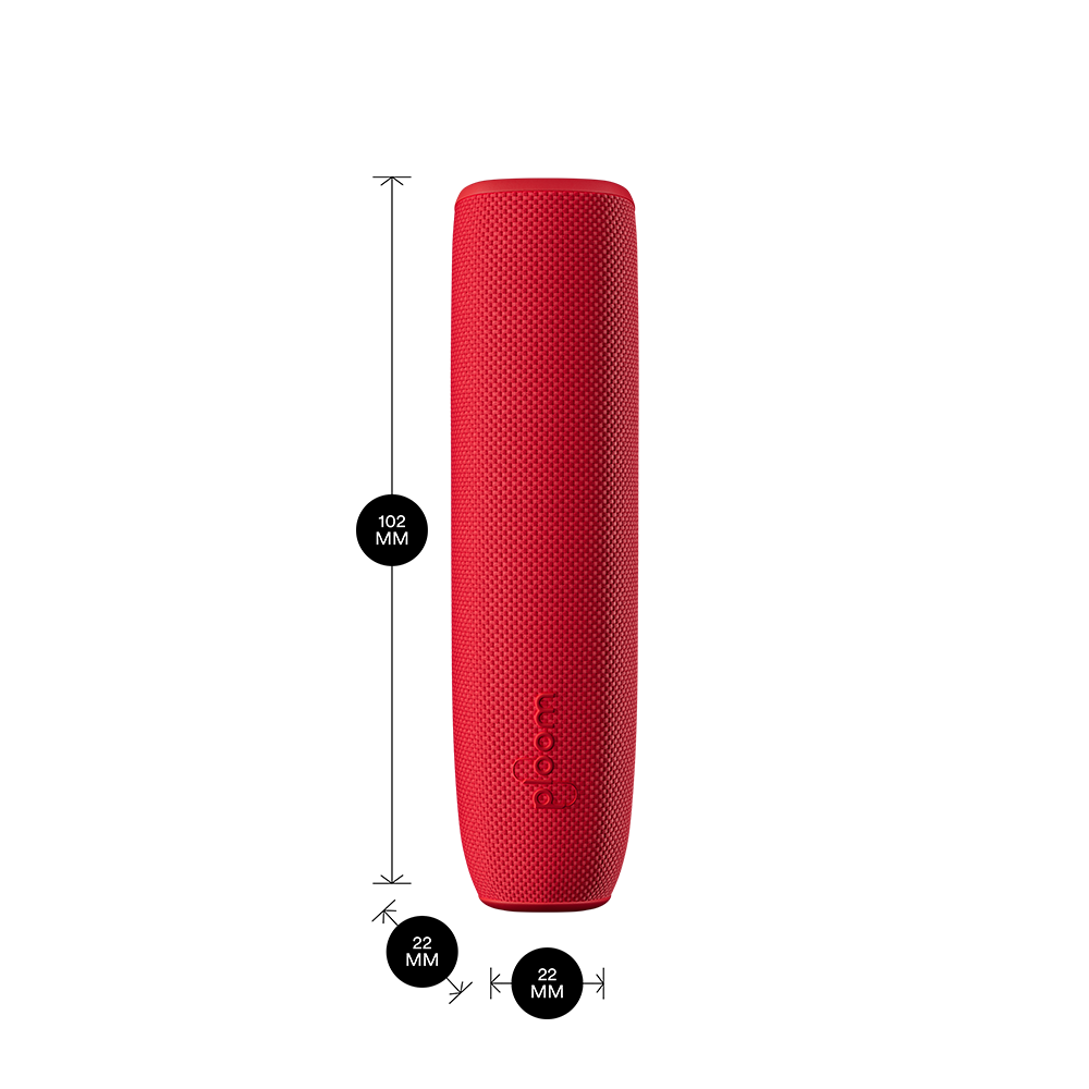 Ploom AURA device with Lava Red Back Cover and dimensions 10.2cm × 2.2cm × 2.2cm, combining bold style with a precise fit.
