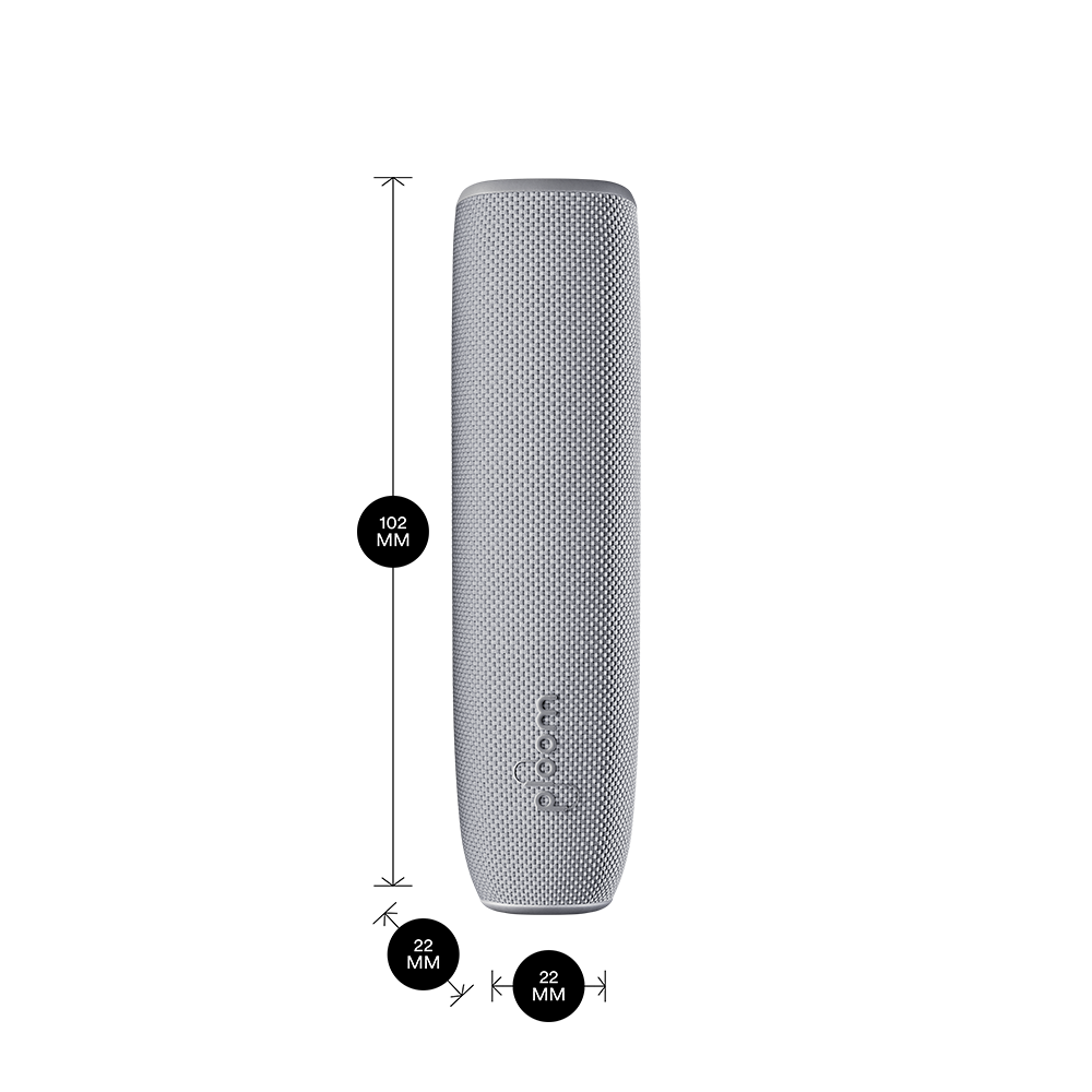 Ploom AURA device with Lunar Silver Back Cover and dimensions 10.2cm × 2.2cm × 2.2cm, designed to fit neatly into your daily lifestyle.
