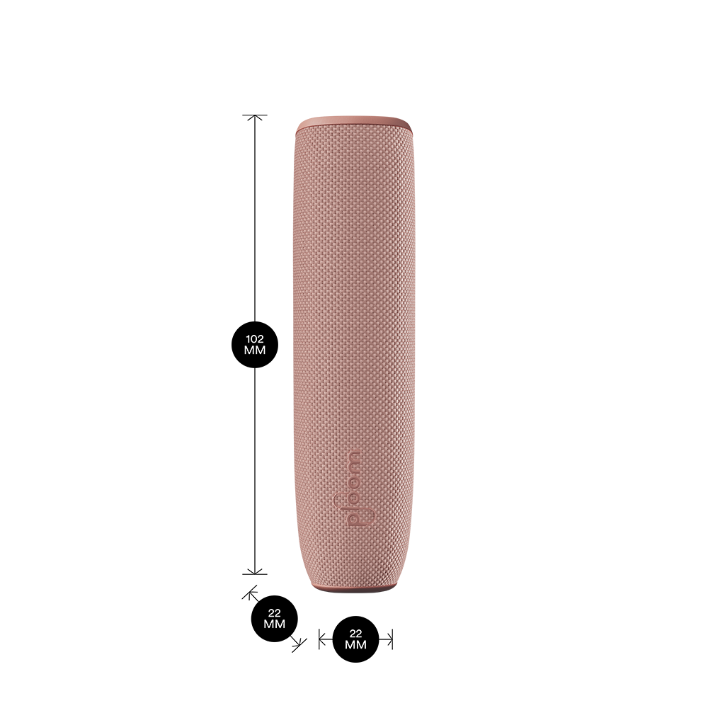 Peranti Ploom AURA dengan Rose Gold Back Cover dan dimensi 10.2 cm × 2.2 cm × 2.2 cm, menggabungkan bentuk ramping dengan gaya sofistikated.
