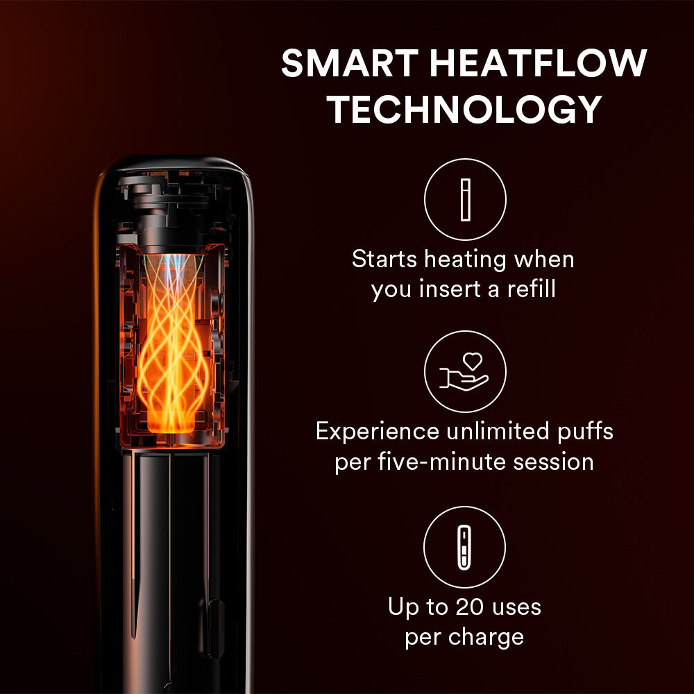 Ploom AURA Navy Blue device featuring Smart Heatflow Technology for consistent, smooth heated tobacco performance.
