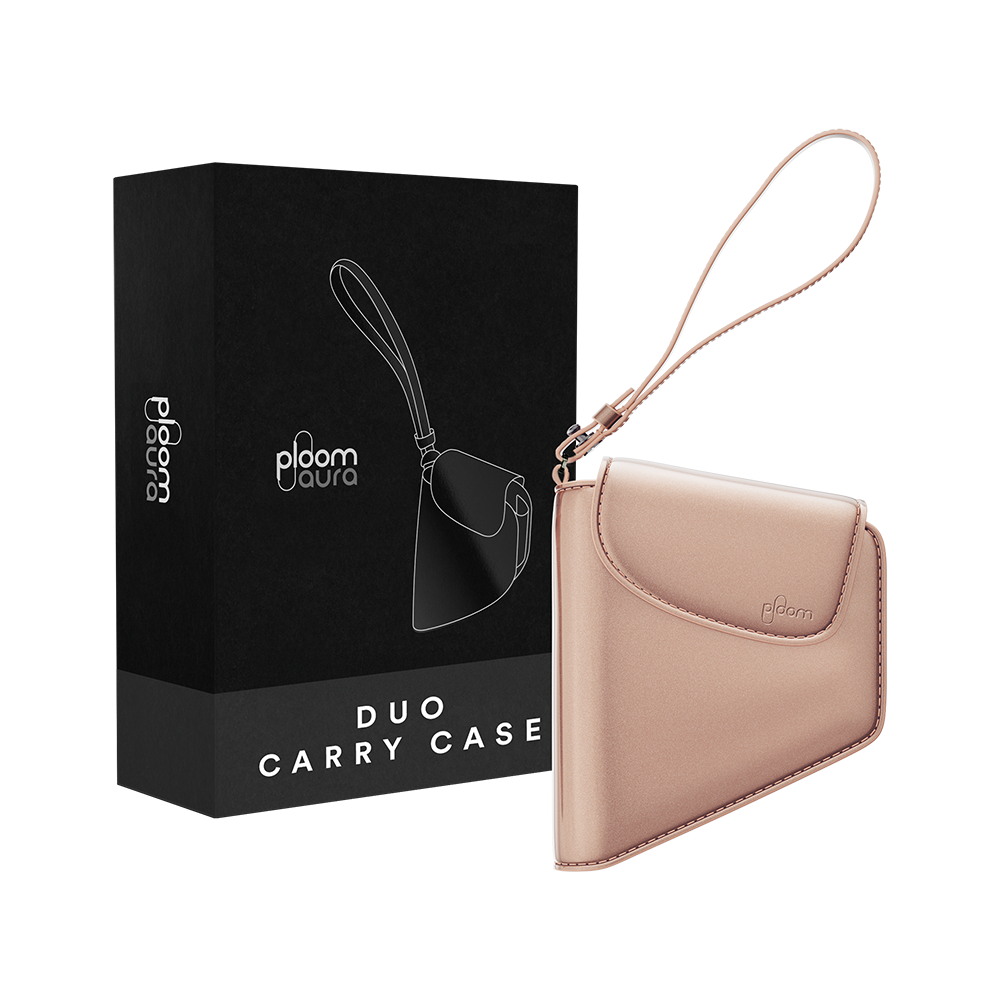 Ploom AURA Duo Carry Case Rose Gold pack, presenting a stylish carry solution that blends soft metallic tones with practical everyday organisation.