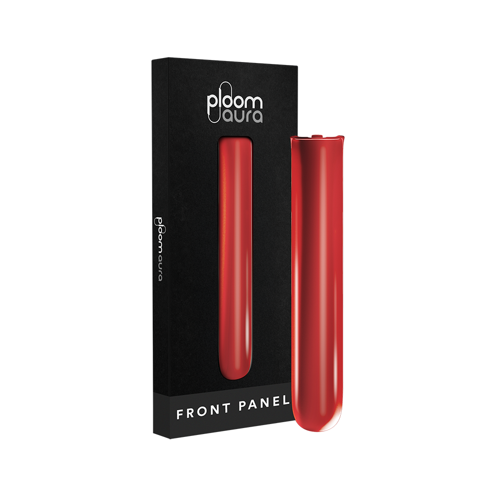 Ploom AURA Front Panel Lava Red pack displayed with device, highlighting the bold accessory color and its interchangeable design for easy style customization.
