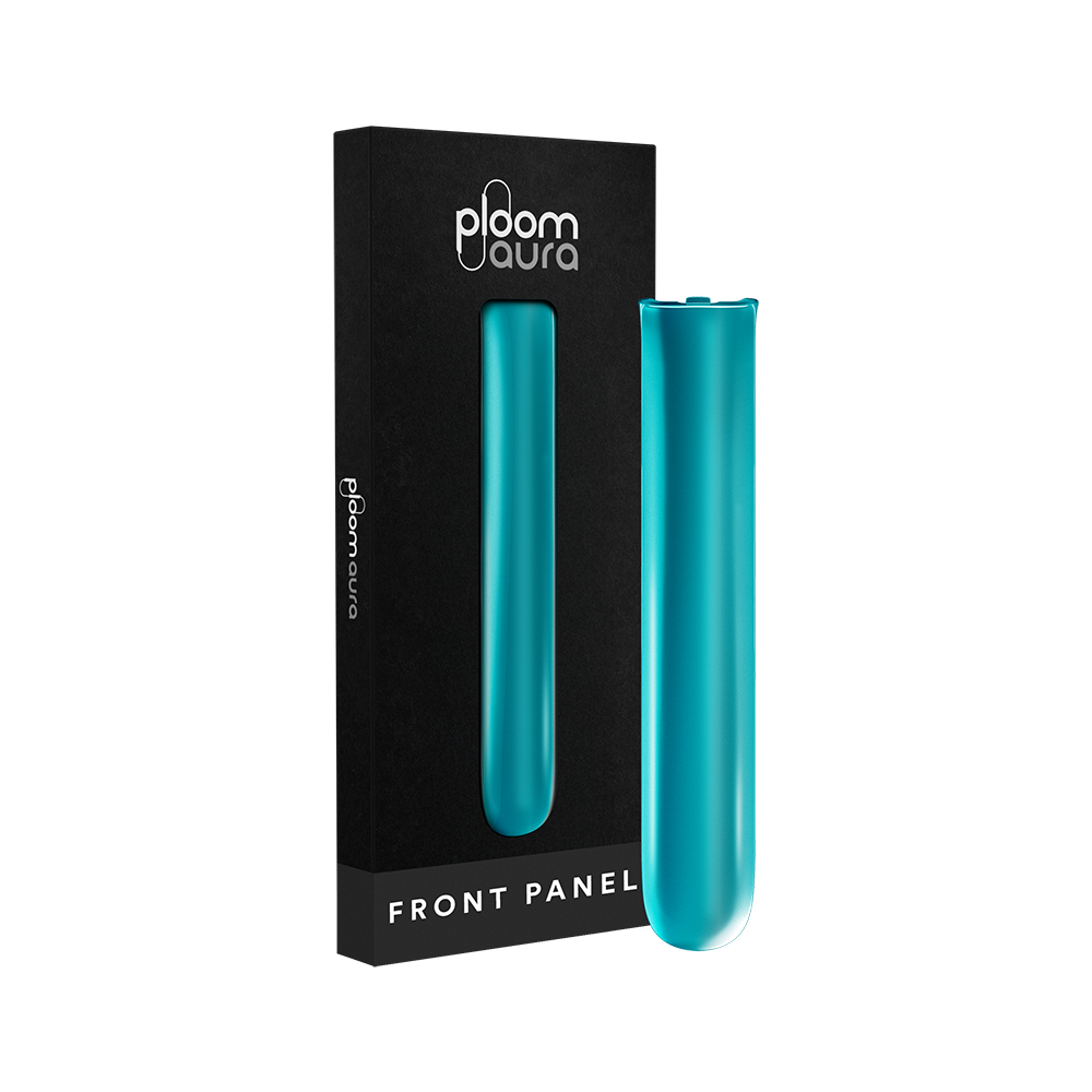 Ploom AURA Front Panel Ocean Blue pack displayed, highlighting modular design, vibrant color, and options to personalize your device.
