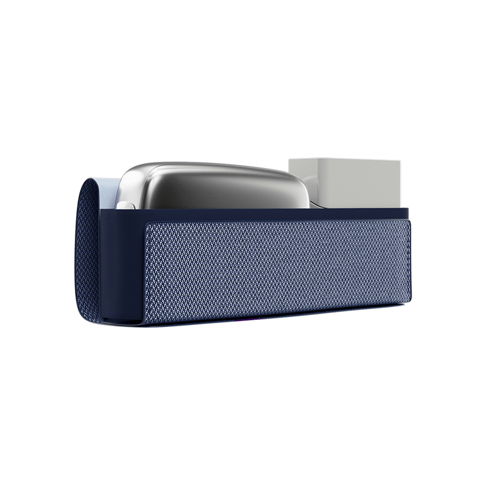 Sarung pembawa blue fabric Ploom X Advanced terbuka dari sisi
